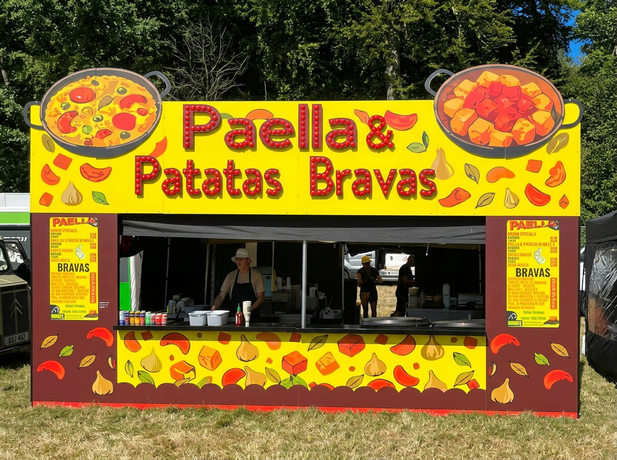 Festival gazebo frontages for Paella & Patatas Bravas and Mac & Cheese traders