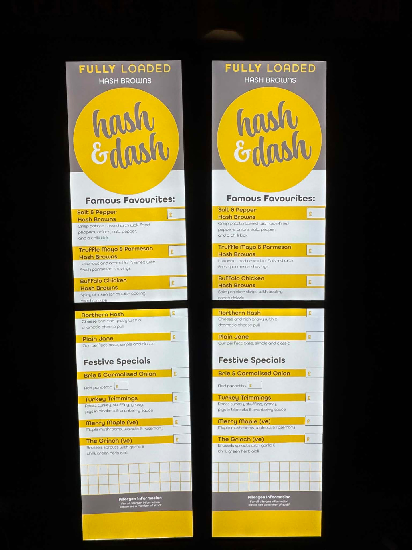 Backlit illuminated menu boards for Hash & Dash showing Famous Favourites and Festive Specials